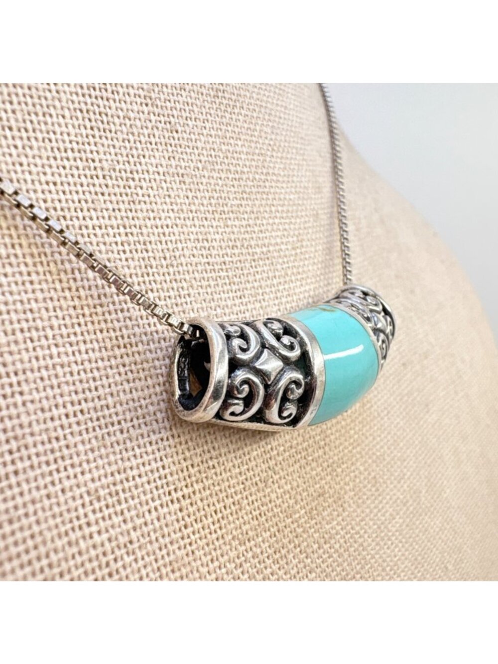 Turquoise & Sterling Silver 925 Scroll Slide Pendant Necklace Size 18" Length - Picture 3 of 13